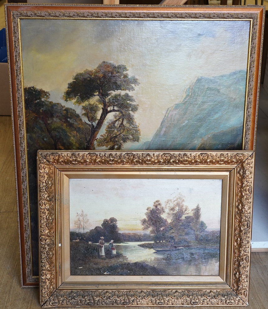 Two English School late 19th / early 20th century oils, comprising Riverscape with figures and Mountainous riverscape, one signed D. Baker and dated 1917, largest 74 x 62cm. Condition - poor to fair
